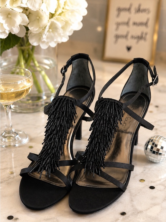 The Touch of Nina Shoes - The Touch of Nina Black Beaded Fringe Dress Sandals Heels Size 9M